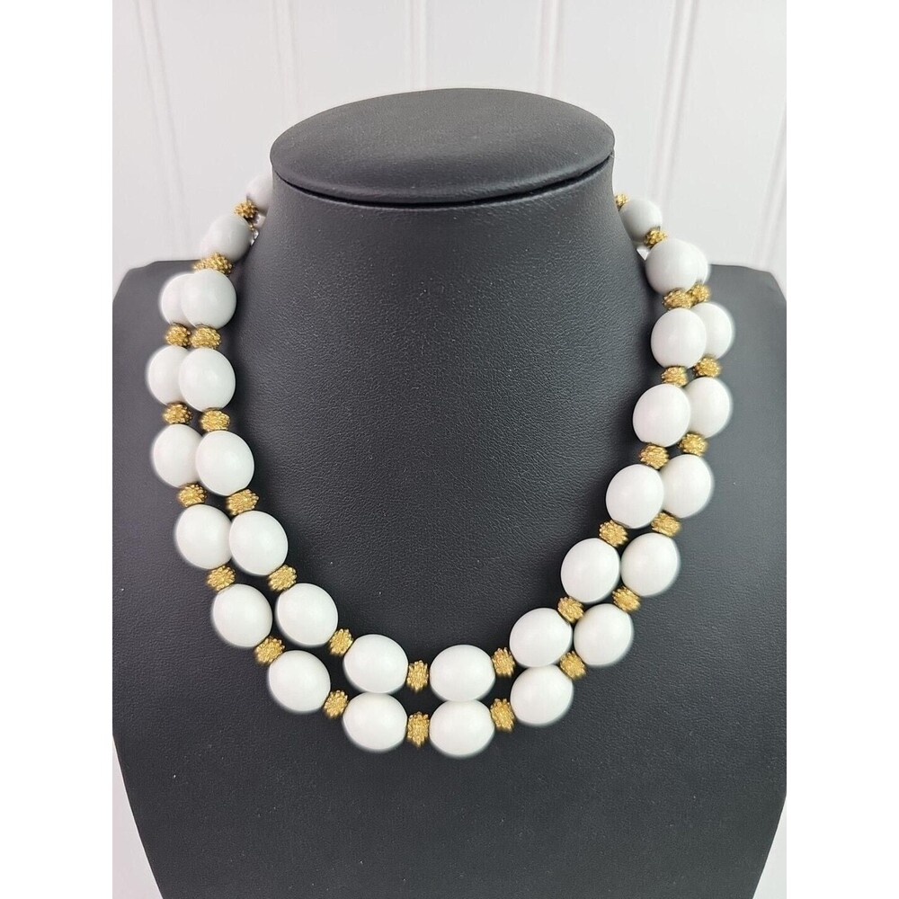 Vintage Trifari Faux Pearl Textured Gold Tone Bead Double Strand Necklace 13 in